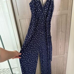Kaileigh Navy and White Polka Dot Wrap Jumpsuit